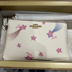 Brand New Coach Wristlet- Cream Color with Pink starts & Keychain set